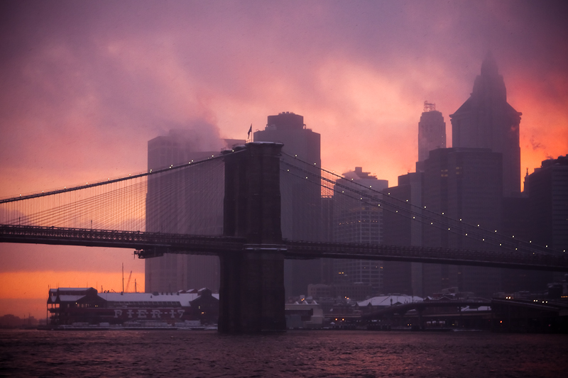 Brooklyn Bridge During Snowstorm at Sunset by James Maher