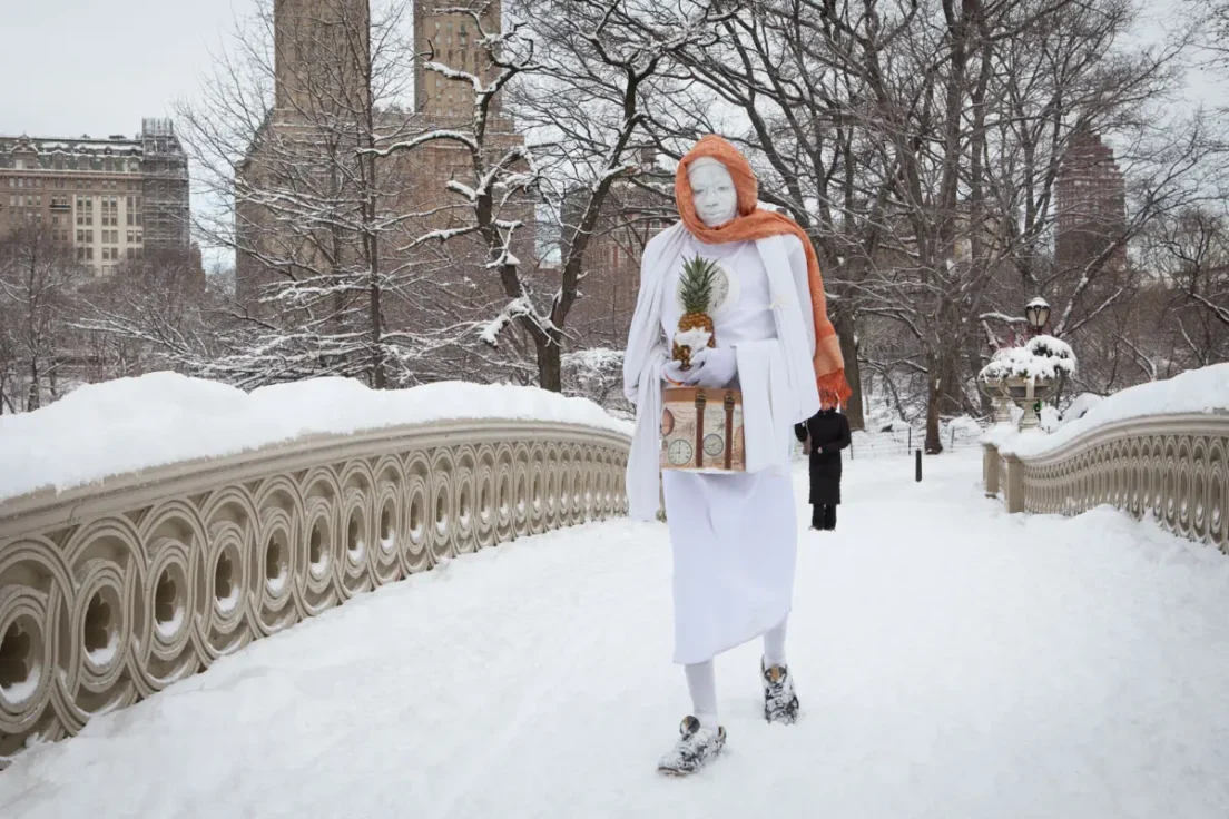 Person with Clock & Pineapple, Bow Bridge, 2013