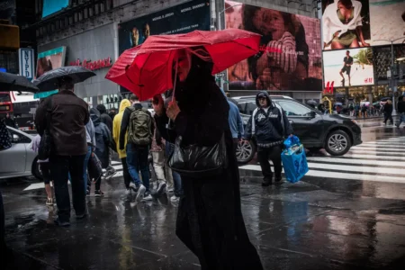 Red Umbrella in Storm, Times Square, 2018