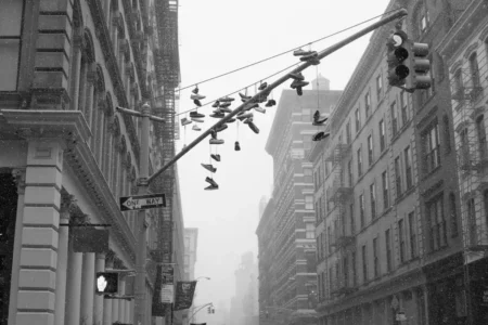 Sneakers on Lamppost in Snowstorm, SoHo, 2016