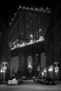 Empire State Building at Night Through Manhattan Bridge, 2014